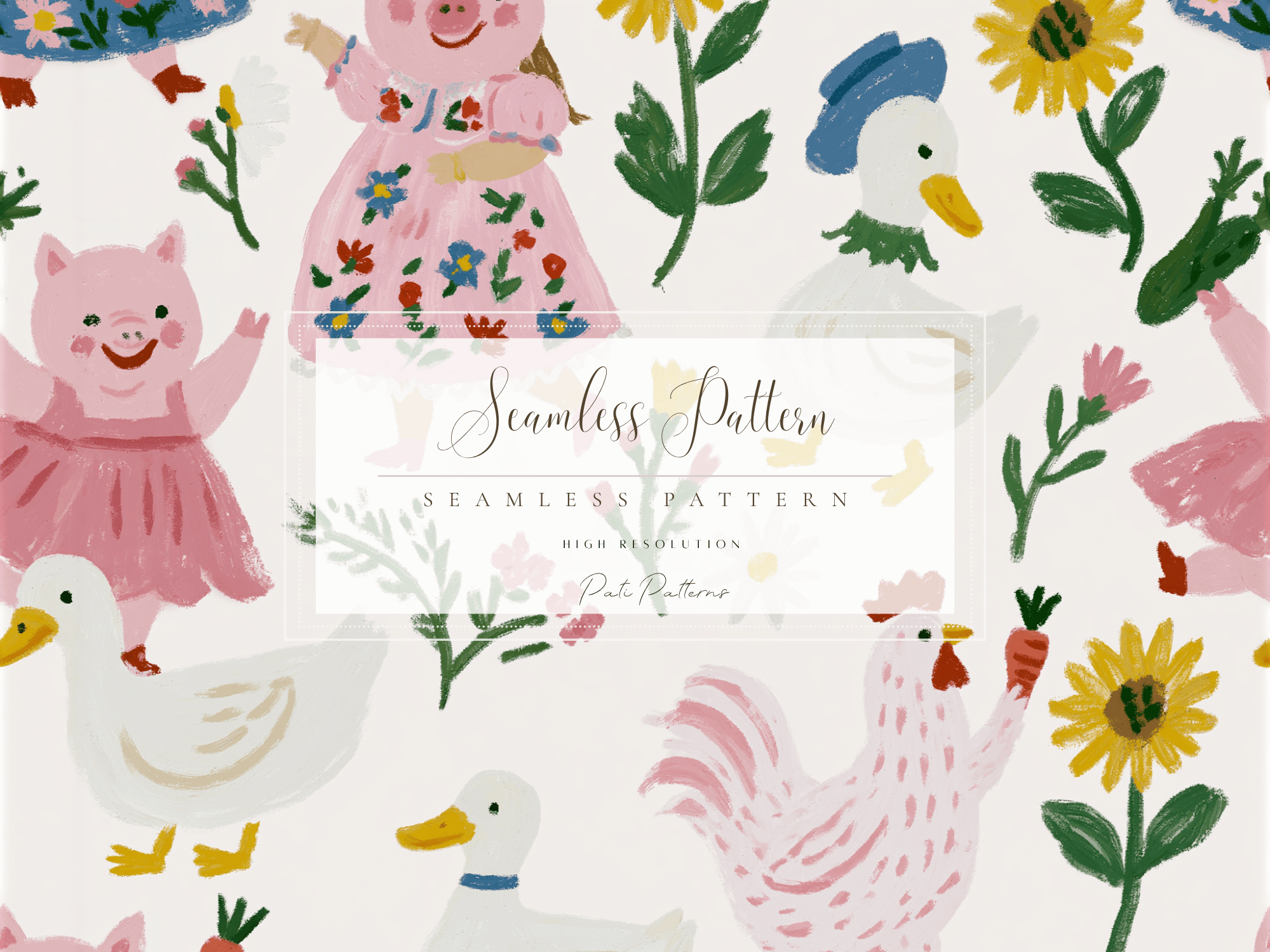 Whimsical Farm Animal Party Seamless Pattern PNG