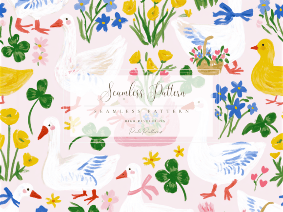 Whimsical Geese Seamless Pattern with Spring Flowers