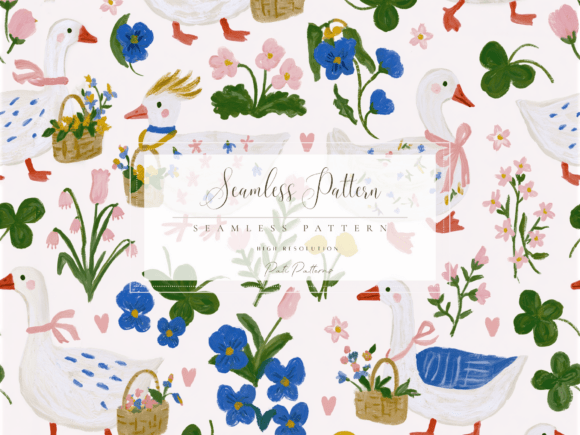 Whimsical Goose Seamless Pattern with Spring Flowers