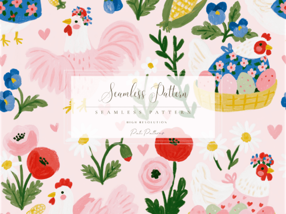 Whimsical Hens and Floral Easter Baskets Seamless Pattern PNG