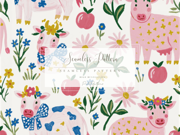 Whimsical Pink Cow Seamless Pattern with Flowers and Apples