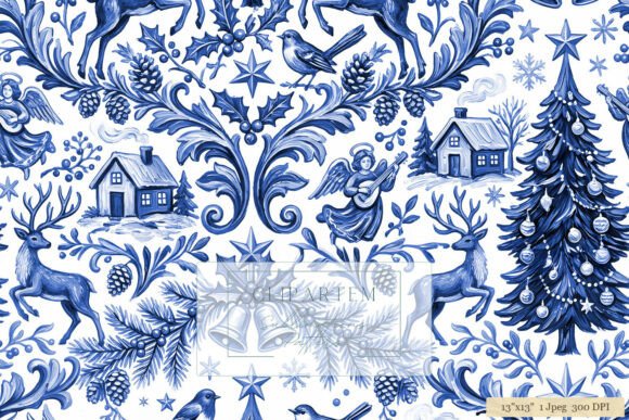 Blue Christmas Toile De Jouy Pattern