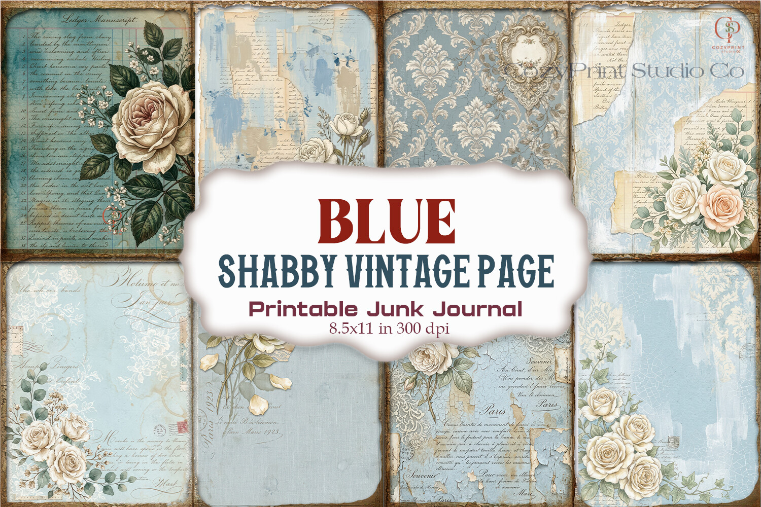 Blue Shabby Vintage Page Junk Journal