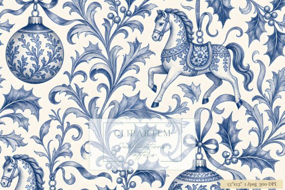 Blue Toile Christmas Horse Pattern