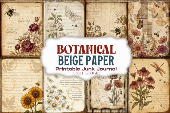 Botanical Beige Paper Junk Journal Pages