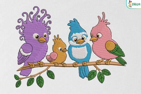 Cute Birds Family on Branch
