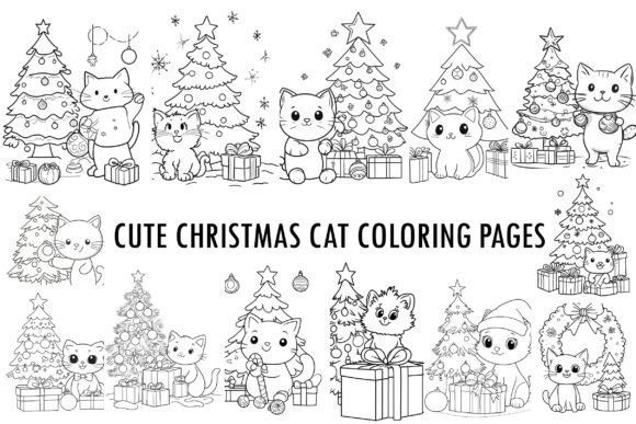 Cute Christmas Cat Coloring Pages Bundle