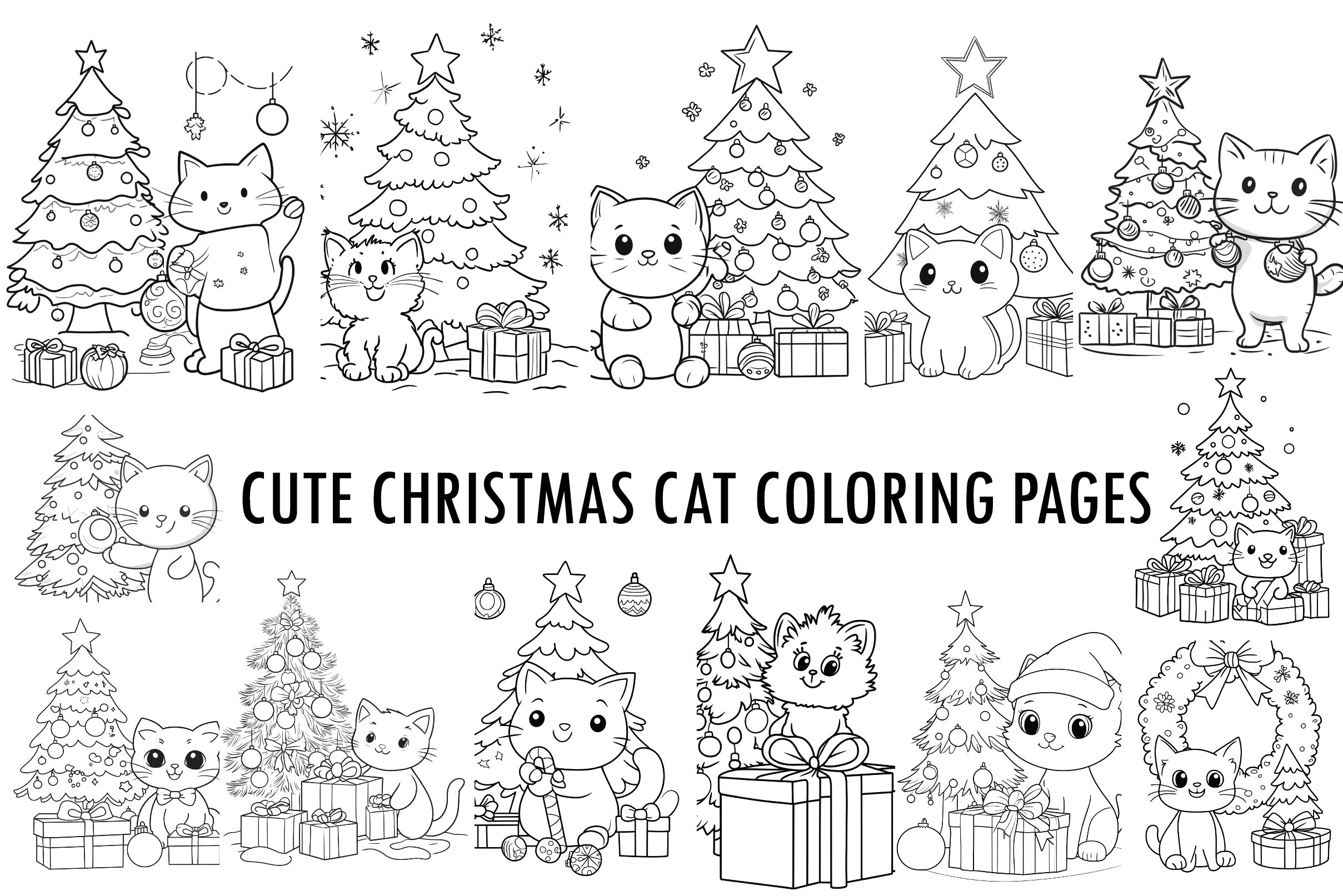 Cute Christmas Cat Coloring Pages Bundle