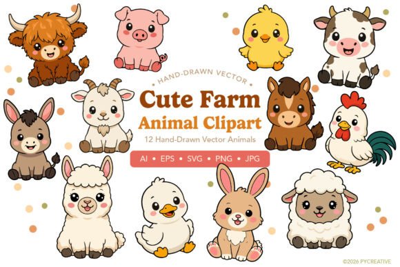 Cute Farm Animals Clipart SVG PNG JPG