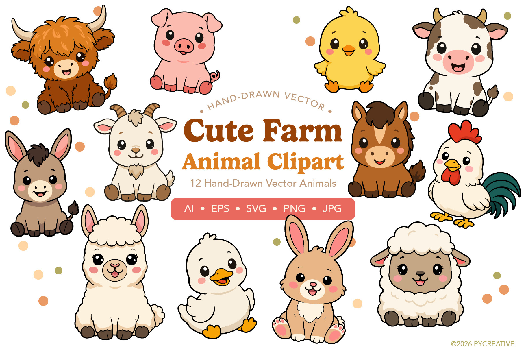 Cute Farm Animals Clipart SVG PNG JPG