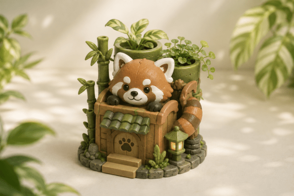 Red Panda Bamboo House Planter STL | Cute 3D Printed Succulent Pot - Image 1