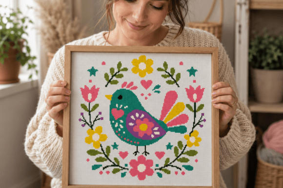 Folk Bird Floral Cross Stitch