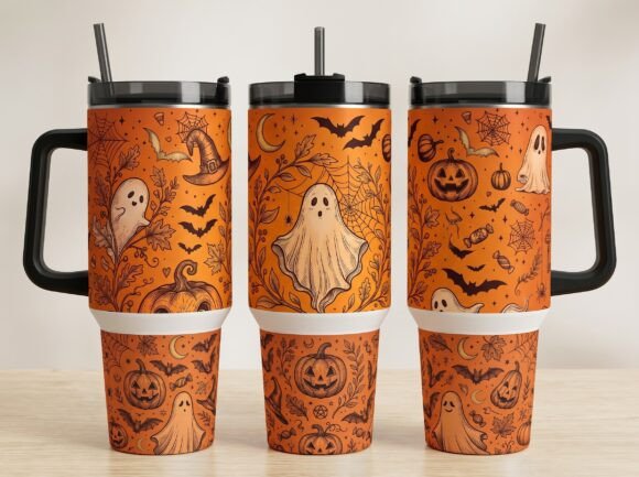 Halloween 40oz Ghost Tumbler Wrap PNG