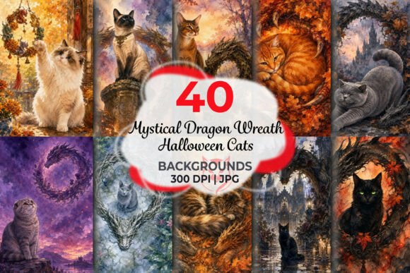Mystical Dragon Wreath Halloween Cats