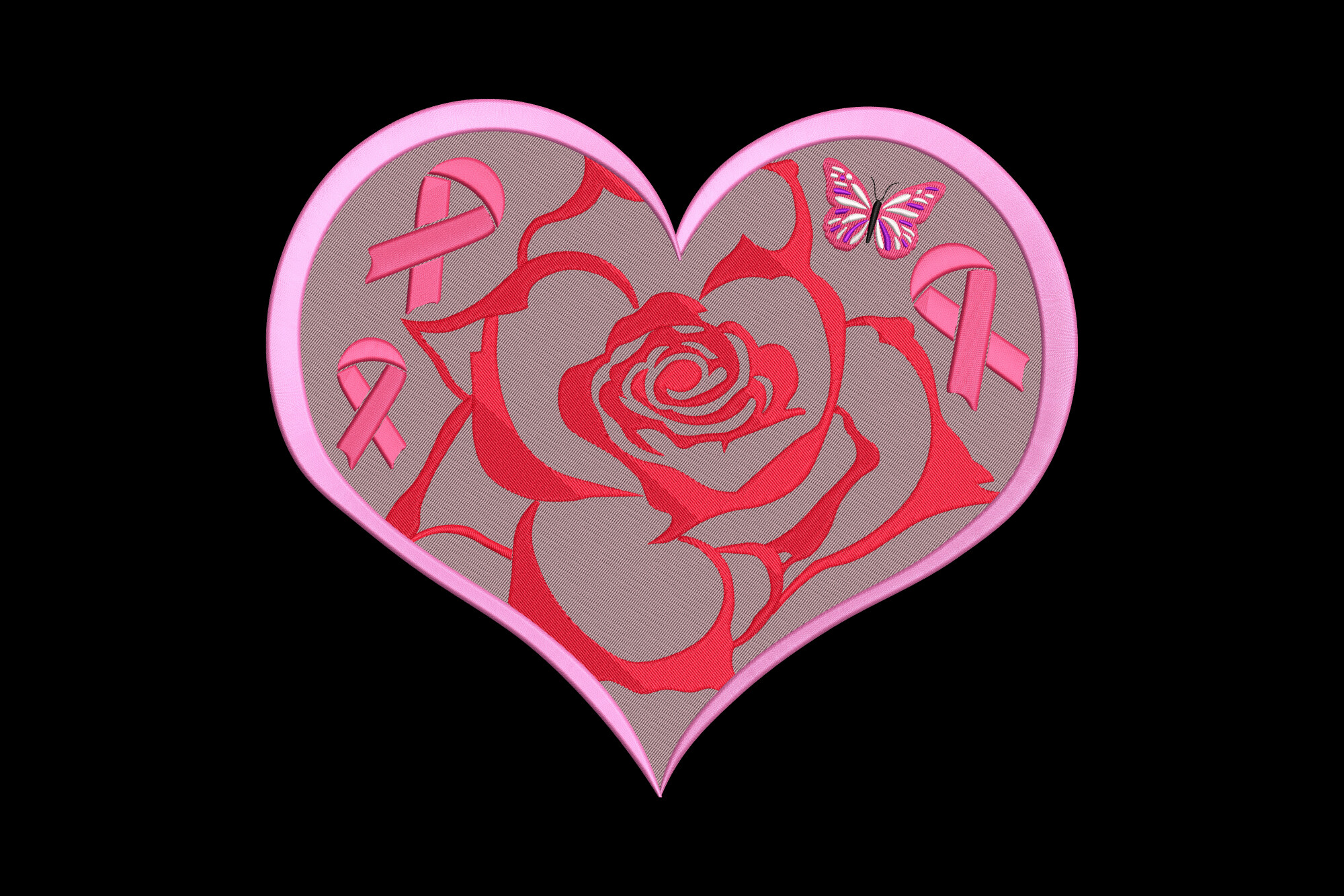Pink Rose Ribbon Heart Breast Cancer