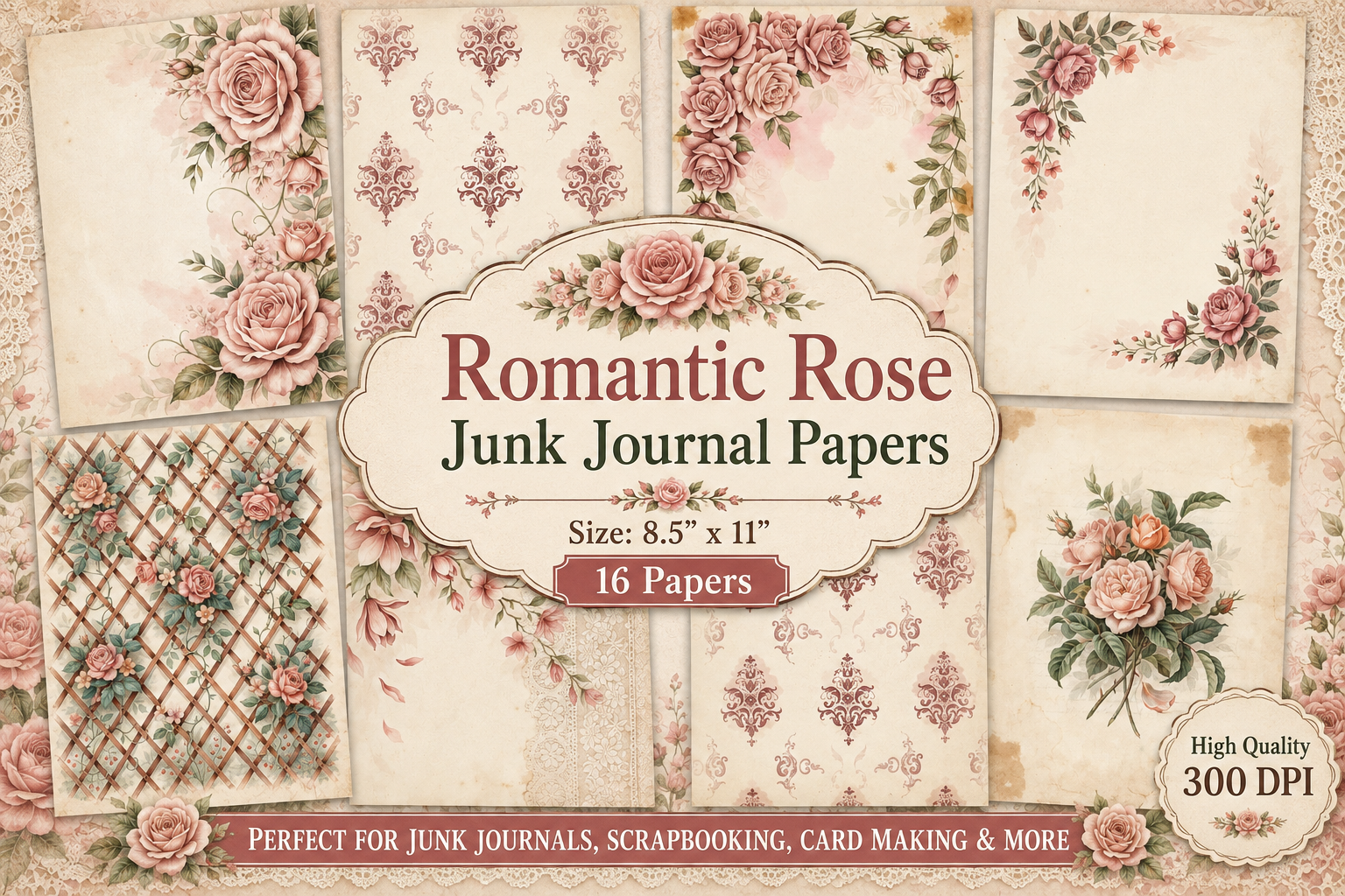 Romantic Rose Junk Journal Papers
