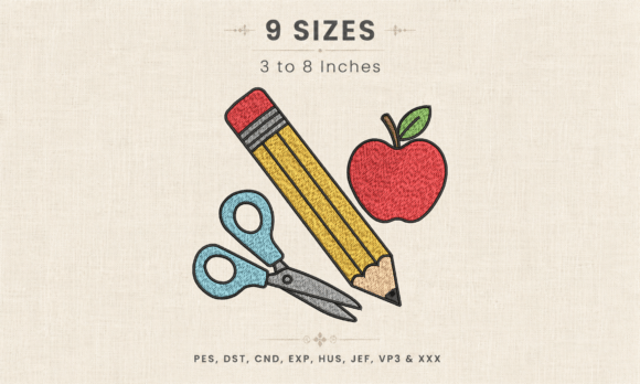 School Pencil Scissors Apple Embroidery