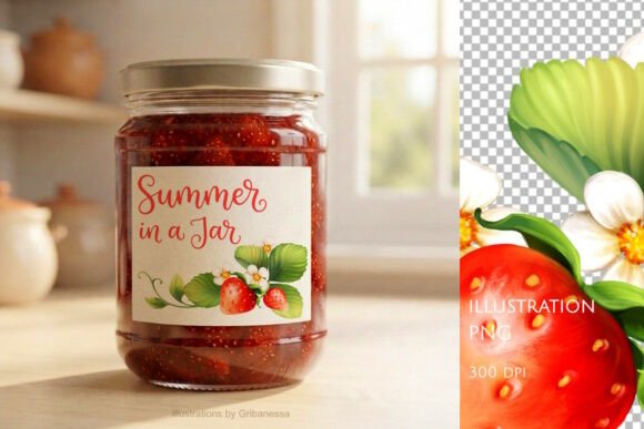 Strawberry with Leaves and Flowers PNG