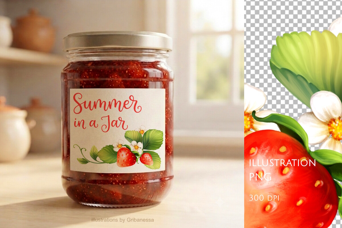 Strawberry with Leaves and Flowers PNG