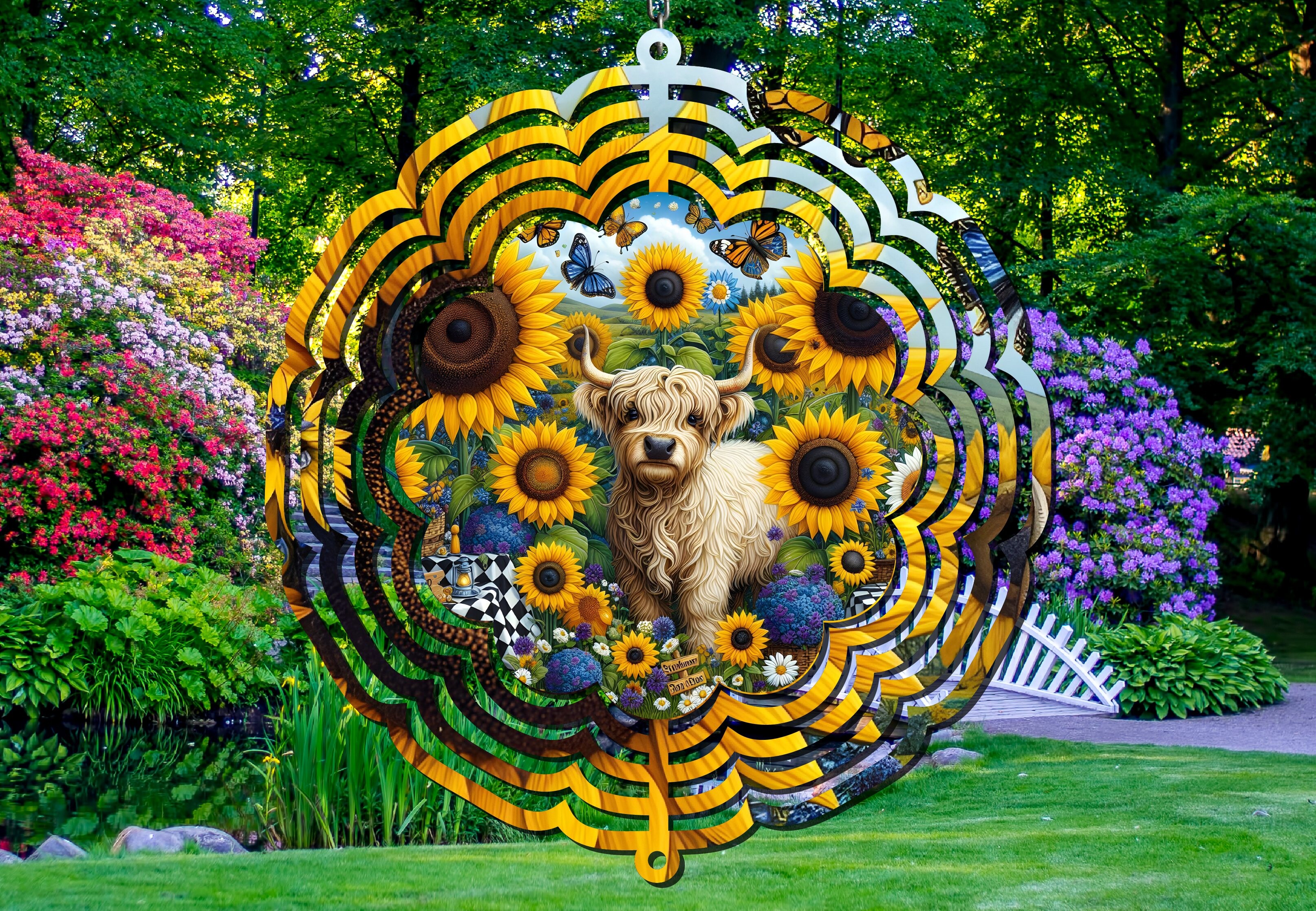 Sunflower Highland Cow Wind Spinner