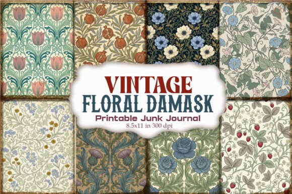 Vintage Floral Damask Junk Journal Pages