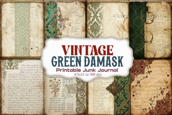 Vintage Green Damask Junk Journal Pages