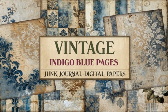 Vintage Indigo Blue Junk Journal Pages