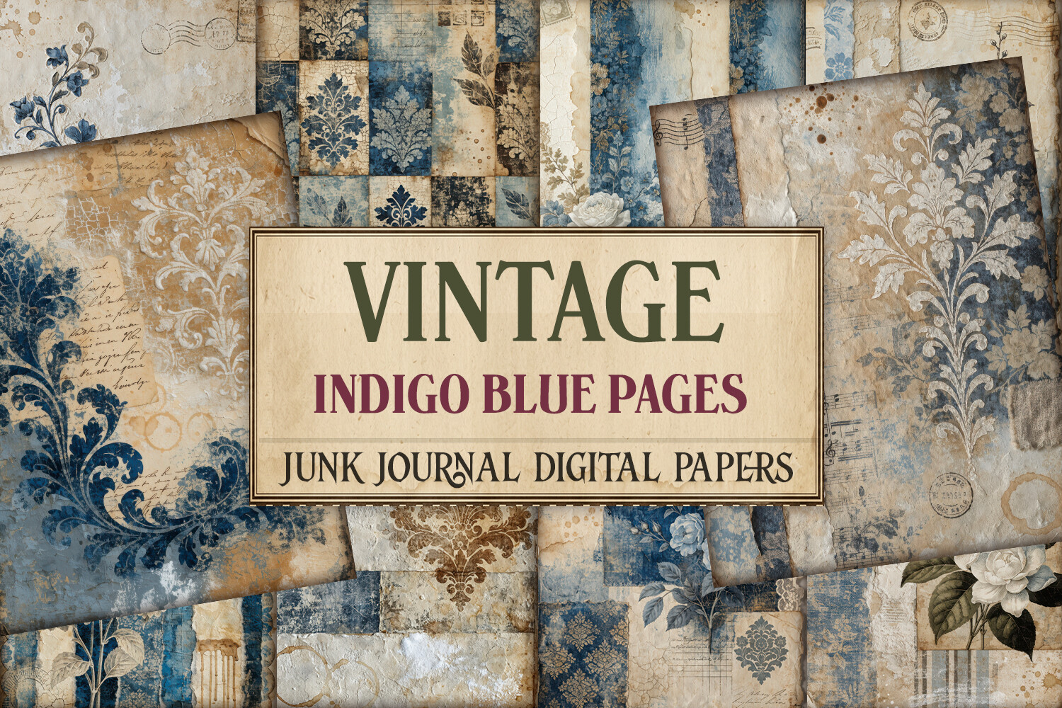 Vintage Indigo Blue Junk Journal Pages