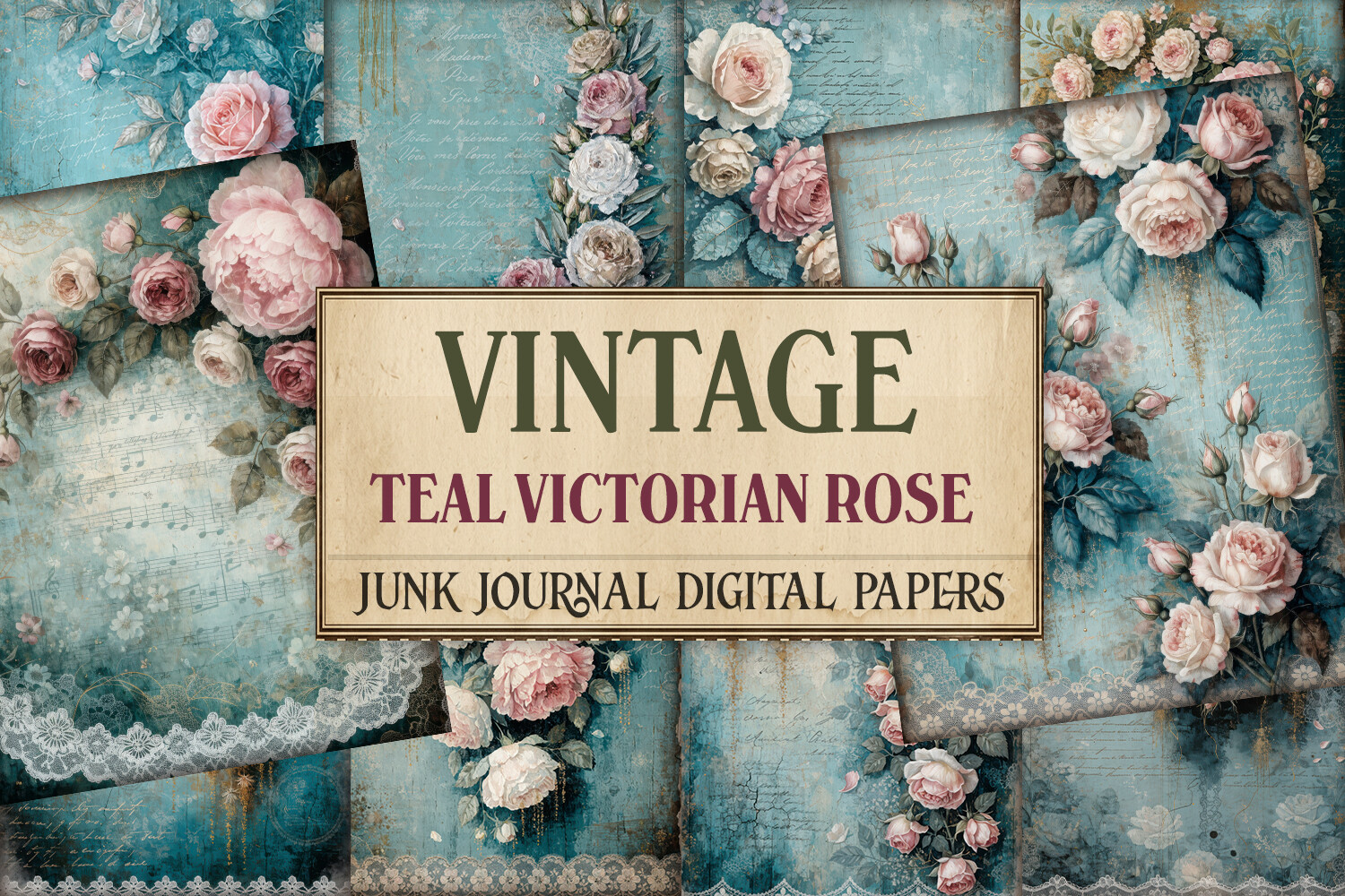 Vintage Teal Victorian Rose Junk Journal