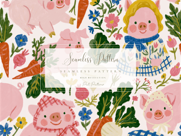 Whimsical Pig Seamless Pattern with Carrots and Flowers