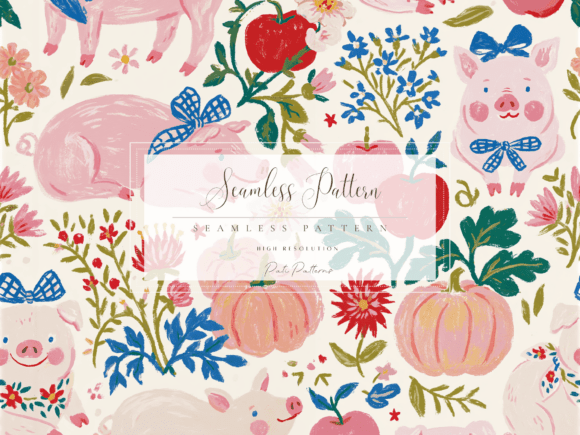 Whimsical Pigs Seamless Pattern with Apples and Pumpkins