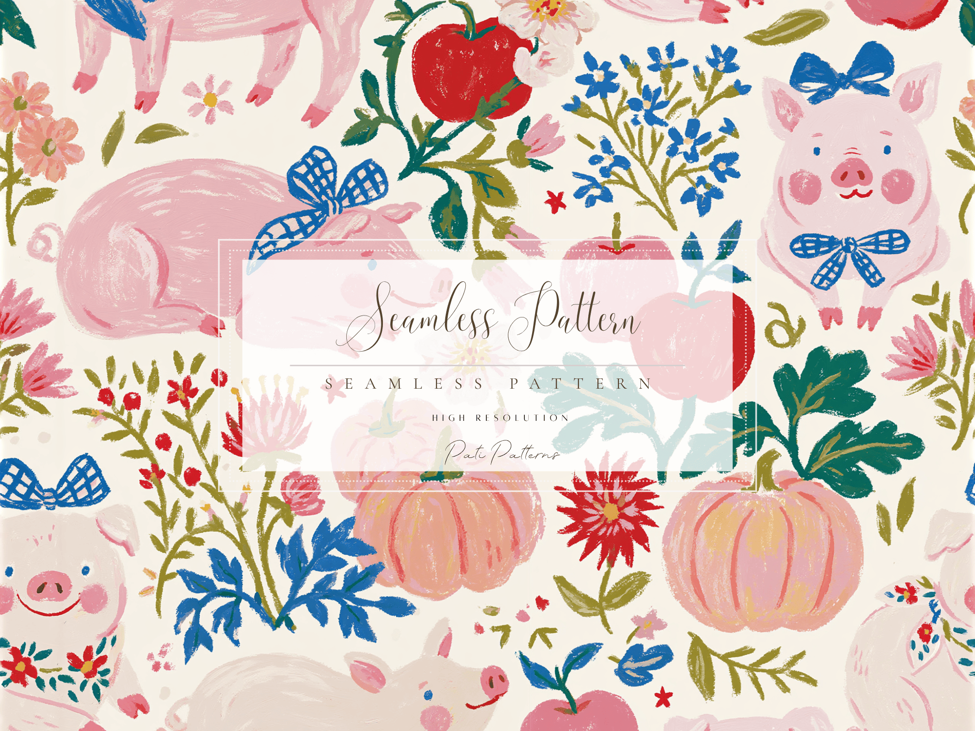 Whimsical Pigs Seamless Pattern with Apples and Pumpkins