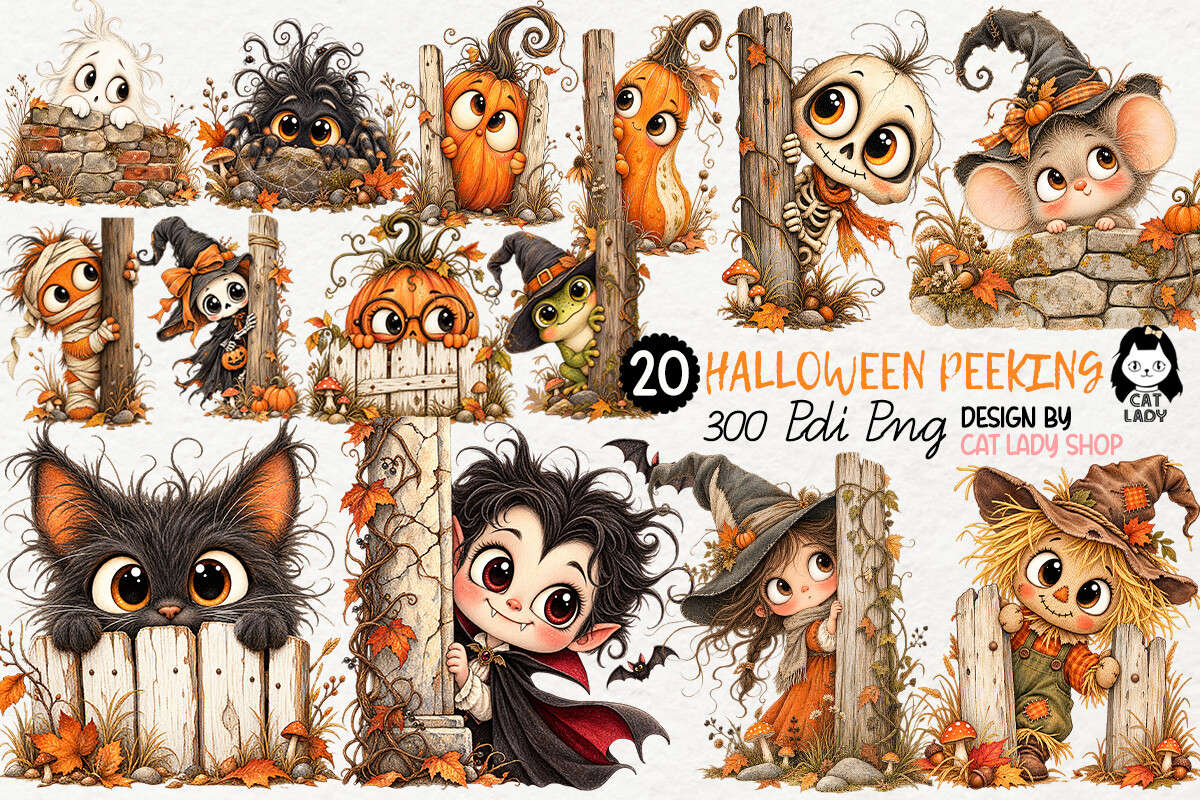 20 Halloween Peeking Characters Clipart