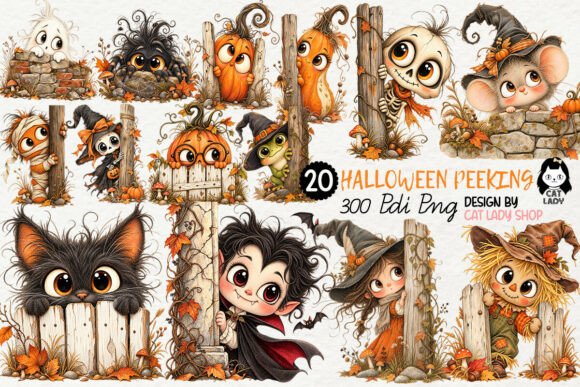 20 Halloween Peeking Characters Clipart Graphic Illustrations By Cat Lady