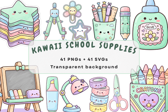 41 Kawaii School Supplies SVG PNG Bundle
