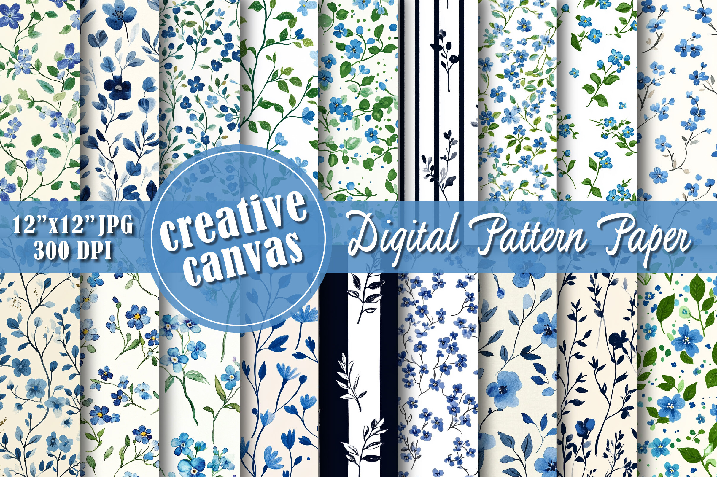 Blue Floral Digital Paper Collection