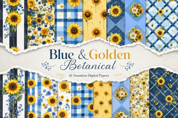Blue & Golden Botanical Seamless Pattern