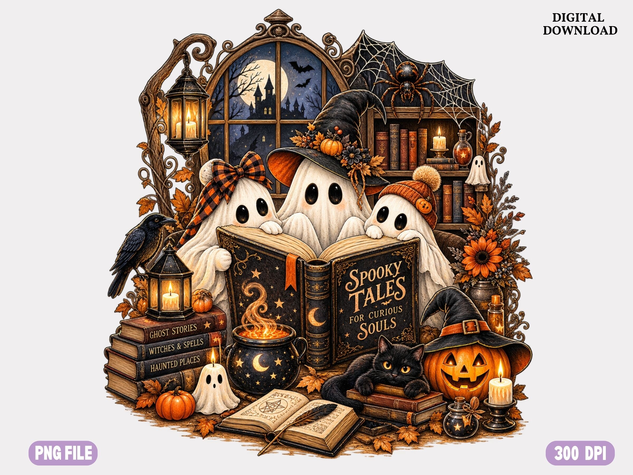 Bookish Ghost Halloween PNG, Reading Gho