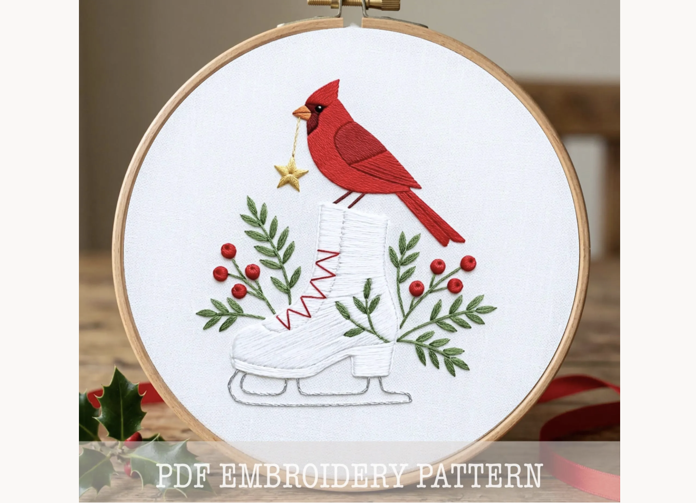 Cardinal on Ice Skate Embroidery