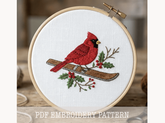 Cardinal on Ski Embroidery Pattern