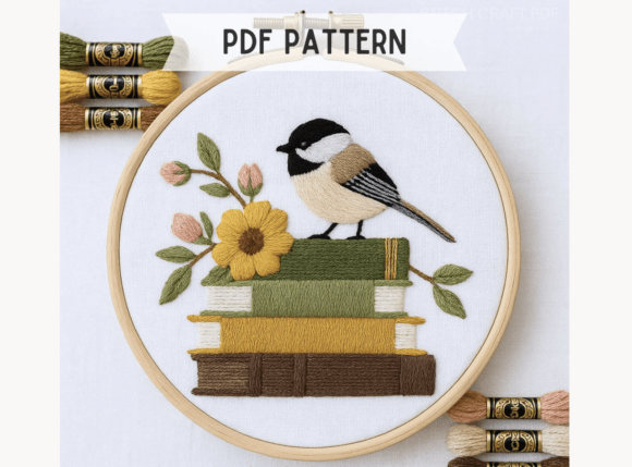Chickadee on Books Embroidery