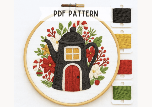 Christmas Teapot House Embroidery