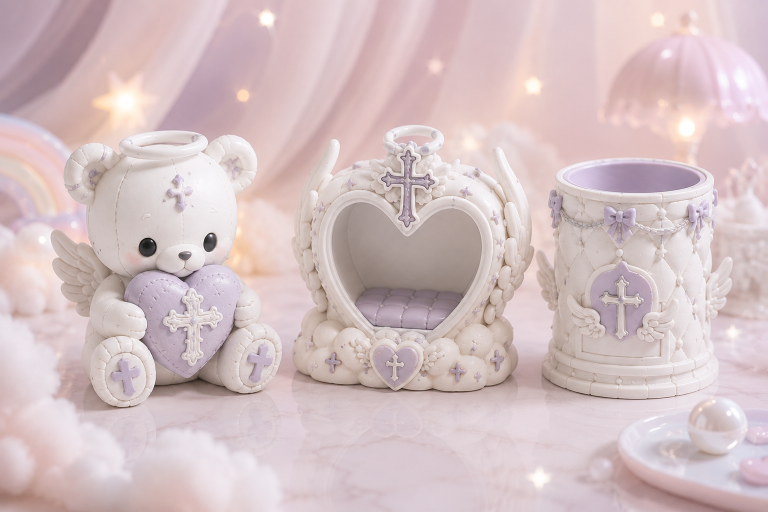 Angel Bear & Heart Shrine 3D Print Model - Kawaii Fantasy Desk Decor STL - Image 3