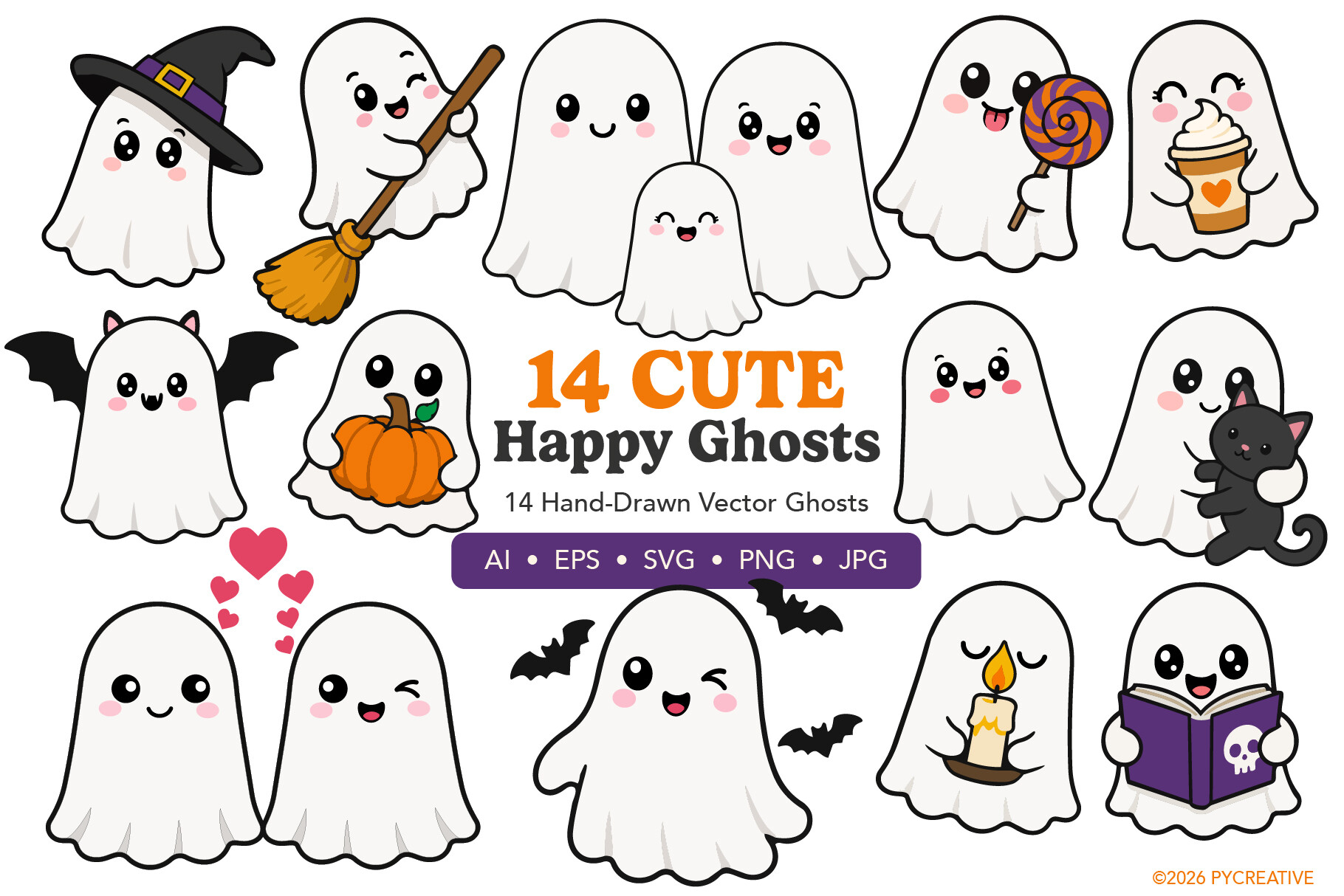 Cute Ghosts Clipart SVG PNG JPG EPS