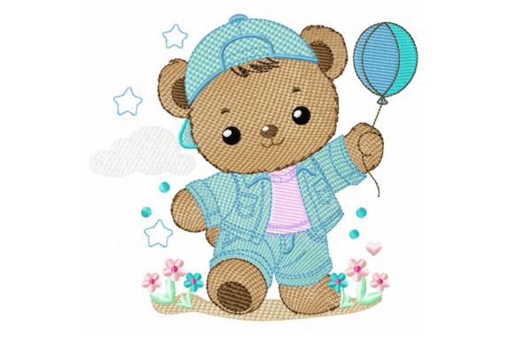 Cute Teddy Bear with Balloon Embroidery