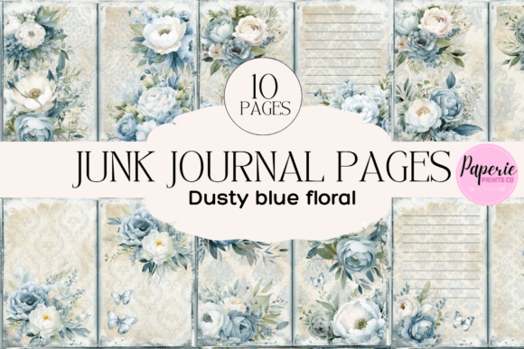 Dusty Blue Floral Junk Journal Pages