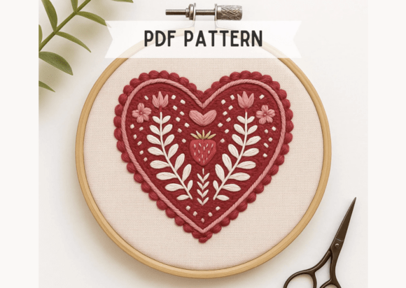 Folk Heart Strawberry Embroidery