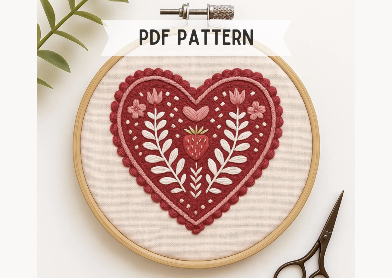 Folk Heart Strawberry Embroidery