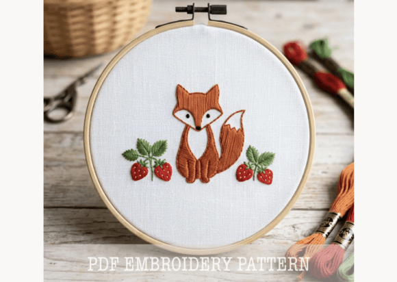 Fox and Strawberries Embroidery Pattern