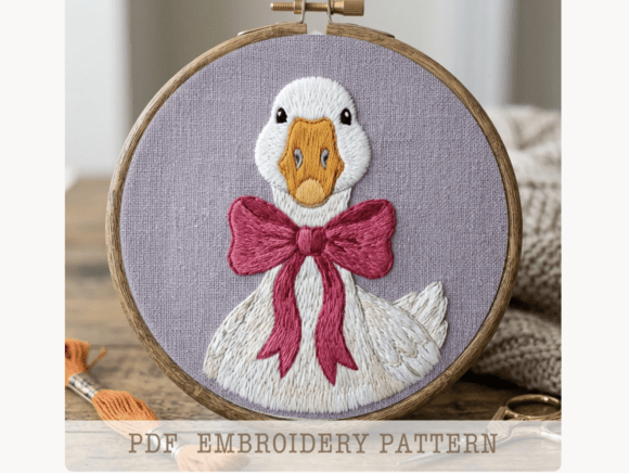Goose with Pink Bow Embroidery